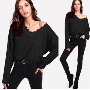 NWOT Off the Shoulder v-neck Lace Trim Black Sweater